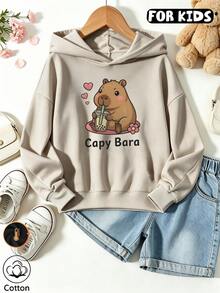 Girls' Cartoon Capybara Hooded Sweatshirt, Casual Long Sleeve Pullover - Apricot - View 8