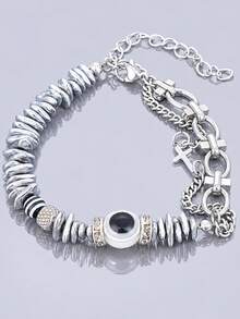 1pc Men's Bracelet, Silver Stainless Steel Waterproof Anti-Fading Anti-Allergic Multi-Layer Chain Evil Eye Hip-Hop Bracelet, Autumn Style Suitable For Daily Street Wear - Multicolor - View 5