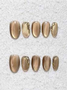10pcs Handmade Press-On Nails, Lightweight & Comfortable Fit, Multiple Sizes Available, Oval Shape, Luxury Style, Coffee Cat Eye Base With 3D Square Rhinestone & Steel Ball Decor, Transparent & Flattering, Autumn/Winter, Christmas, New Year, Holiday Party Nails, Reusable Removable Fake Nails For Women's Commute & Gathering, Fall, Autumn, Fall Nails - Rose Gold - View 2