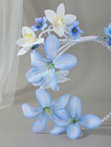 1pc Blue & White Lily Flower Ring Pearl Tassel Bouquet, Elegant Bridal Wedding Ceremony Photography Prop - Baby Blue - View 5