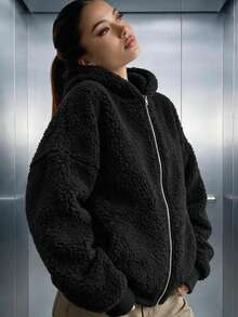 Sweatshirt Wanita Kasual Berbahan Fleece Lembut dengan Resleting, Lengan Panjang Longgar Ukuran Besar, Cocok untuk Pemakaian Sehari-hari, Pakaian Musim Gugur/Musim Dingin - Hitam - View 1