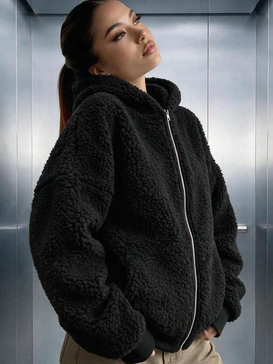 Sweatshirt Wanita Kasual Berbahan Fleece Lembut dengan Resleting, Lengan Panjang Longgar Ukuran Besar, Cocok untuk Pemakaian Sehari-hari, Pakaian Musim Gugur/Musim Dingin - Hitam - View 1