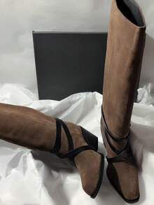 秋季新款女款黑色低粗跟高筒尖頭皮靴 - 棕色 - 查看 2