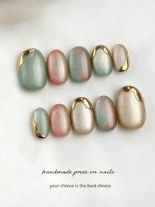 10pcs Oval Green & Red Cat Eye Nail Stickers With Gold Border, Suitable For Daily And Holiday Wear, Reusable, Perfect For Women And Girls, Cute Nail Stickers - Olive Green - View 1