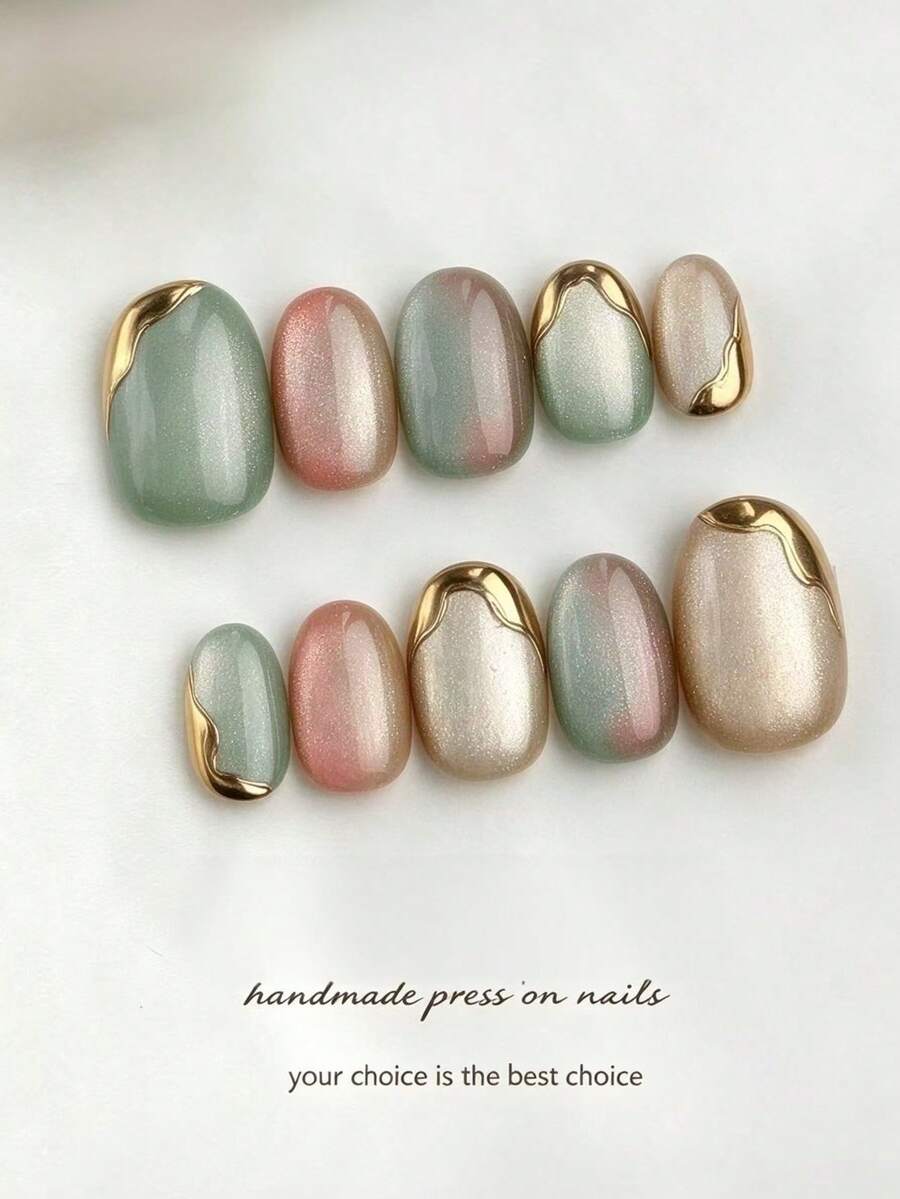 10pcs Oval Green & Red Cat Eye Nail Stickers With Gold Border, Suitable For Daily And Holiday Wear, Reusable, Perfect For Women And Girls, Cute Nail Stickers - Olive Green - View 1