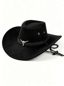 Unisex Western Cowboy Hat, Bull Head Decor Wide Brim Felt Hat, Halloween Cosplay Party Holiday Street Style Punk Costume Accessory - Three-rope Silver Cow Hat - View 6