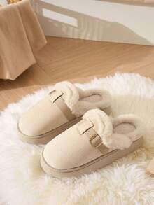Unisex Faux Suede Upper Warm Slippers For Autumn/Winter, Thermal Lined Thick Sole Wearable Fuzzy Slippers, Buckle Decor Fashionable Warm Home Slippers - Beige - View 6