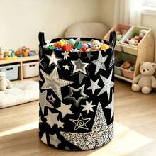 Black Storage Bin With Silver Star Pattern, Foldable Laundry Basket With Handle, Suitable For Teen Boys' Bedroom Toy And Dirty Clothes Storage - Black - View 9