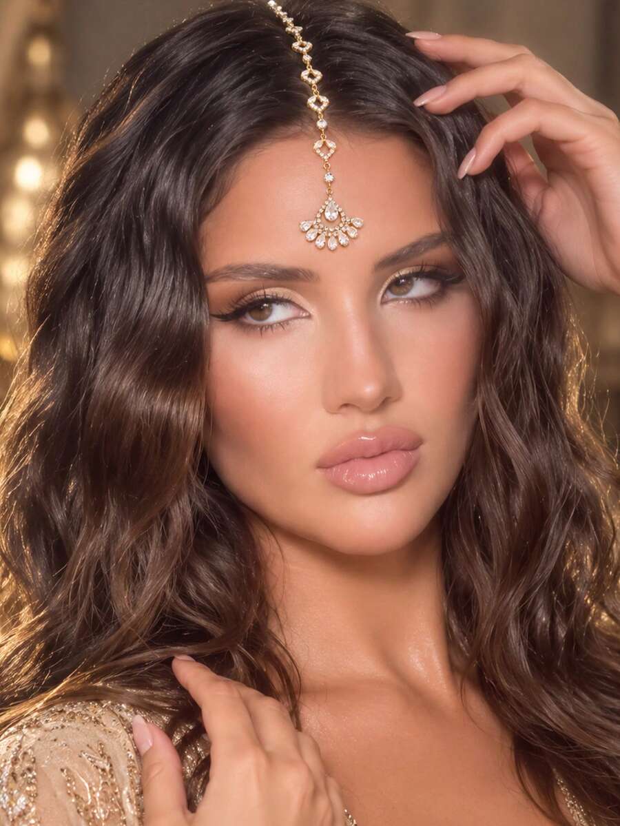 1pc Luxurious Vintage Rhinestone Forehead Chain, Sparkling Crystal Dangle Headpiece, Wedding Party Bridal Accessory - Rhinestones - View 1