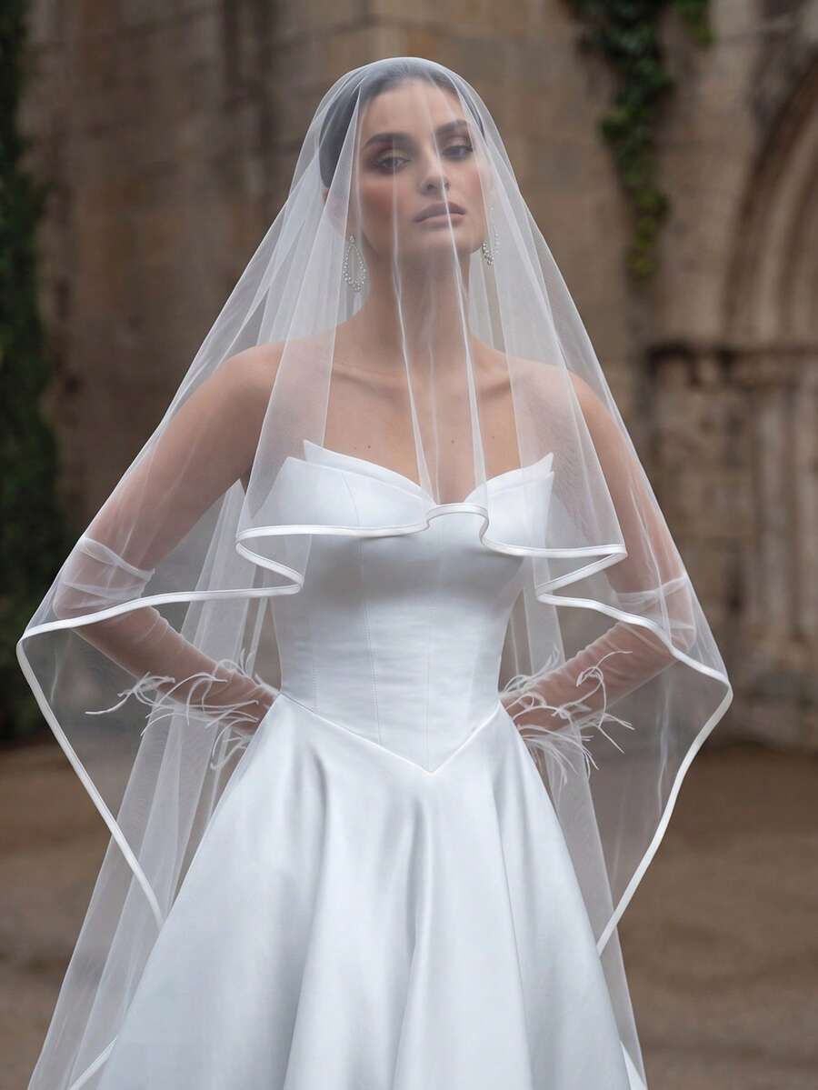 1 Pc Two Tier Satin Ribbon Edge Bridal Veil, Long Cathedral Blusher Veil, Wedding Bridal Photoshoot Headpiece