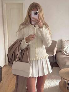 Cable Knit Button Front Sweater Cardigan, Ruffle Trim, Round Neck, Long Sleeves, Soft Warm Knit, Beige Fall/Winter Elegant Casual Layering Top - Apricot - View 5