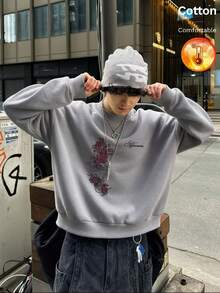 Men's Thermal Lined Crew Neck Sweatshirt With Printed Text Decoration, Y2K Style, Autumn/Winter - Heather Gray - View 10