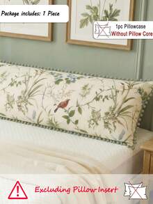 1pc Floral Bird Branch Leaf Green Pom Pom Decor Long Pillowcase - Soft Material Lightweight Breathable, Polyester Fabric, Green Pillowcase Suitable For Bedroom Sofa - Decorative Lumbar Cushion, Home Decor, Gift For Her, Suitable For All Year Round - Multicolor - View 5