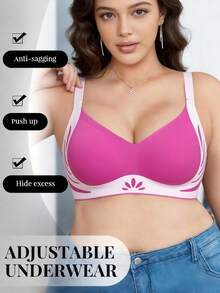 1pc Seamless Contrast Color Lift-Up Plus Size Wireless Push-Up Anti-Sagging Side-Boob Support Bra - Hot Pink - View 1