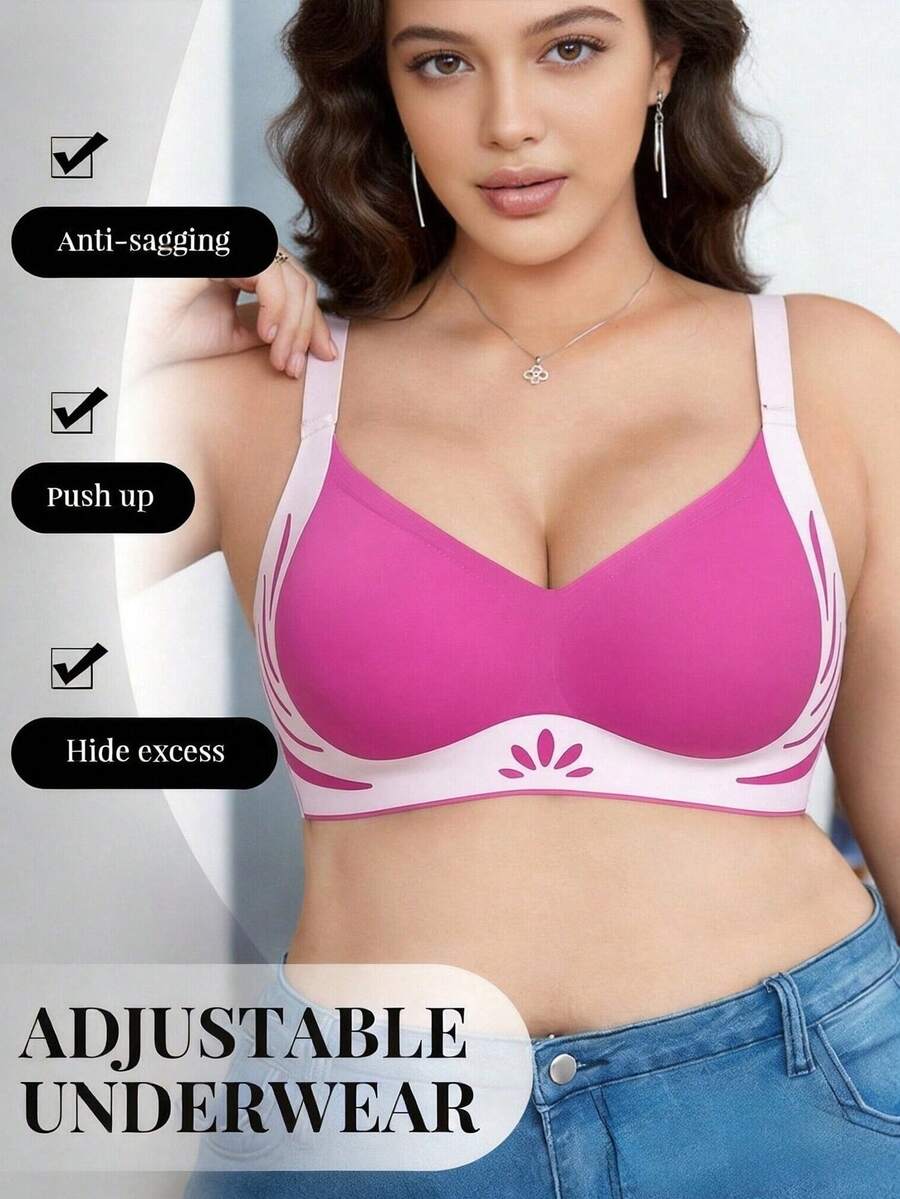 1pc Seamless Contrast Color Lift-Up Plus Size Wireless Push-Up Anti-Sagging Side-Boob Support Bra - Hot Pink - View 1