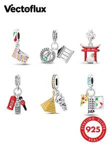 Vectoflux 1pc Global Travel Style S925 Sterling Silver Hypoallergenic World Travel Landmark Italy Egypt Greece Japan London Charm Pendant For Women DIY Bracelet Necklace Making Birthday Gift - Multicolor - View 12