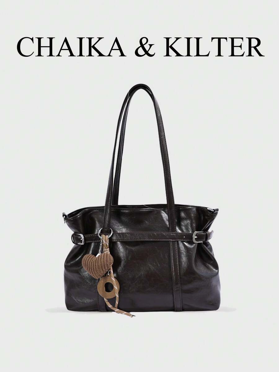 1pc PU Fabric Shoulder Tote Bag With Buckle, Suitable For Commuting, Shopping, Etc. (With Pendant)
