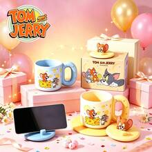 TOM AND JERRY. Authentic Ceramic Mug With Lid, Can Be Used As Phone Holder, 450ml Thick-Walled Ceramic Dust-Proof Cup, Suitable For Home, Office, Dorm And Birthday Gift, Microwave And Dishwasher - Multicolor - View 2