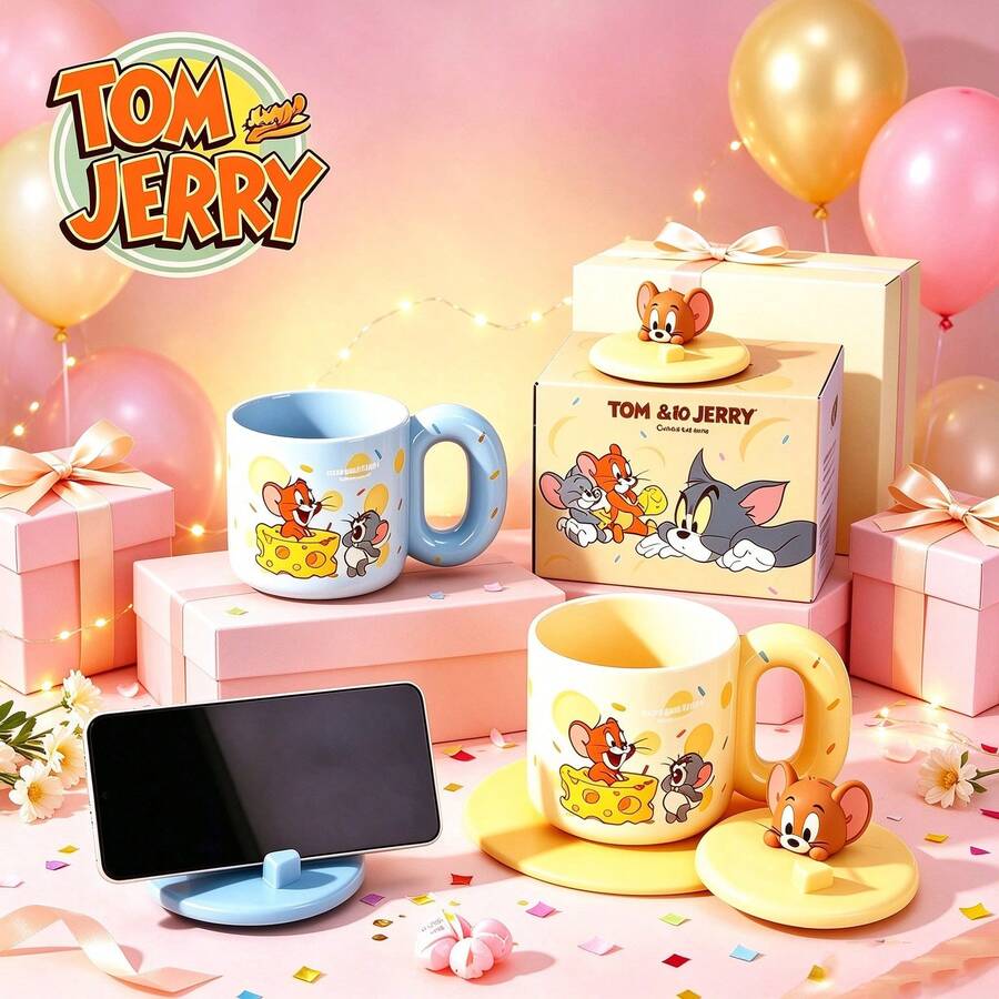 TOM AND JERRY. Authentic Ceramic Mug With Lid, Can Be Used As Phone Holder, 450ml Thick-Walled Ceramic Dust-Proof Cup, Suitable For Home, Office, Dorm And Birthday Gift, Microwave And Dishwasher