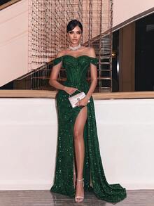 ADYCE Elegant Sequin Cold Shoulder Ruched Waist Long Dress With Tie Front Slit And Open Back, Christmas Party Formal Evening Gown, Wedding Guest Autumn Style - Dark Green - View 2