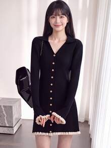 Alicedudu Women's Autumn/Winter Contrast Color Trim V-Neck Slim Fit Sweater Dress Black - Black - View 1