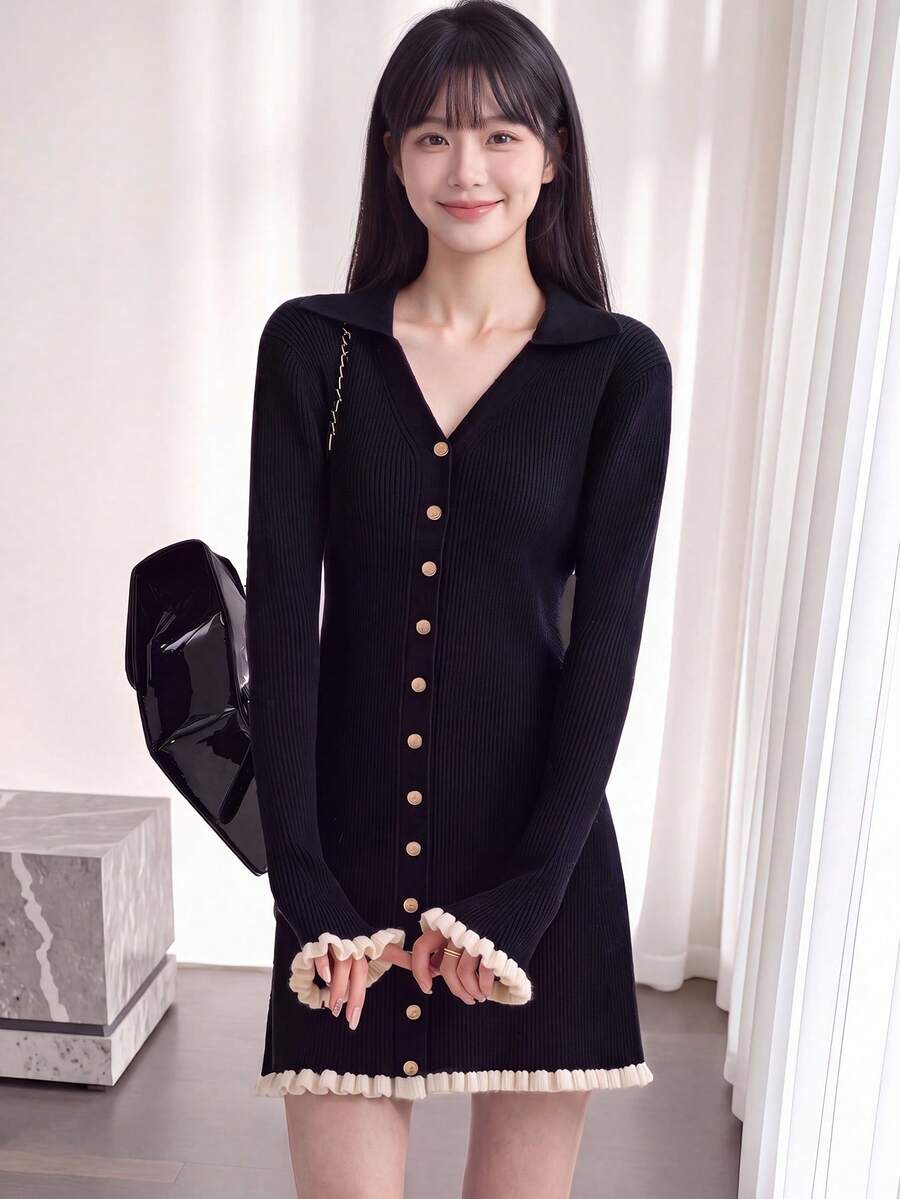 Alicedudu Women's Autumn/Winter Contrast Color Trim V-Neck Slim Fit Sweater Dress Black - Black - View 1