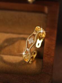 1pc Luxury Double Line Floral Cubic Zirconia Open Women's Ring, Fashion Exquisite Hollow Adjustable Ring For Party Wedding Daily Gift Accessories - Gold - View 8