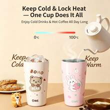 QWE Stainless Steel Straw Insulated Cup 650ML PP Lid Straw Cartoon 3D Character Highly Attractive Office Coffee Travel Mug - Baby Pink - View 7