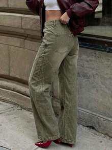 Y2K Retro Loose Straight Leg Jeans, Fashionable Casual Pants For Autumn/Winter - Dark Green - View 3