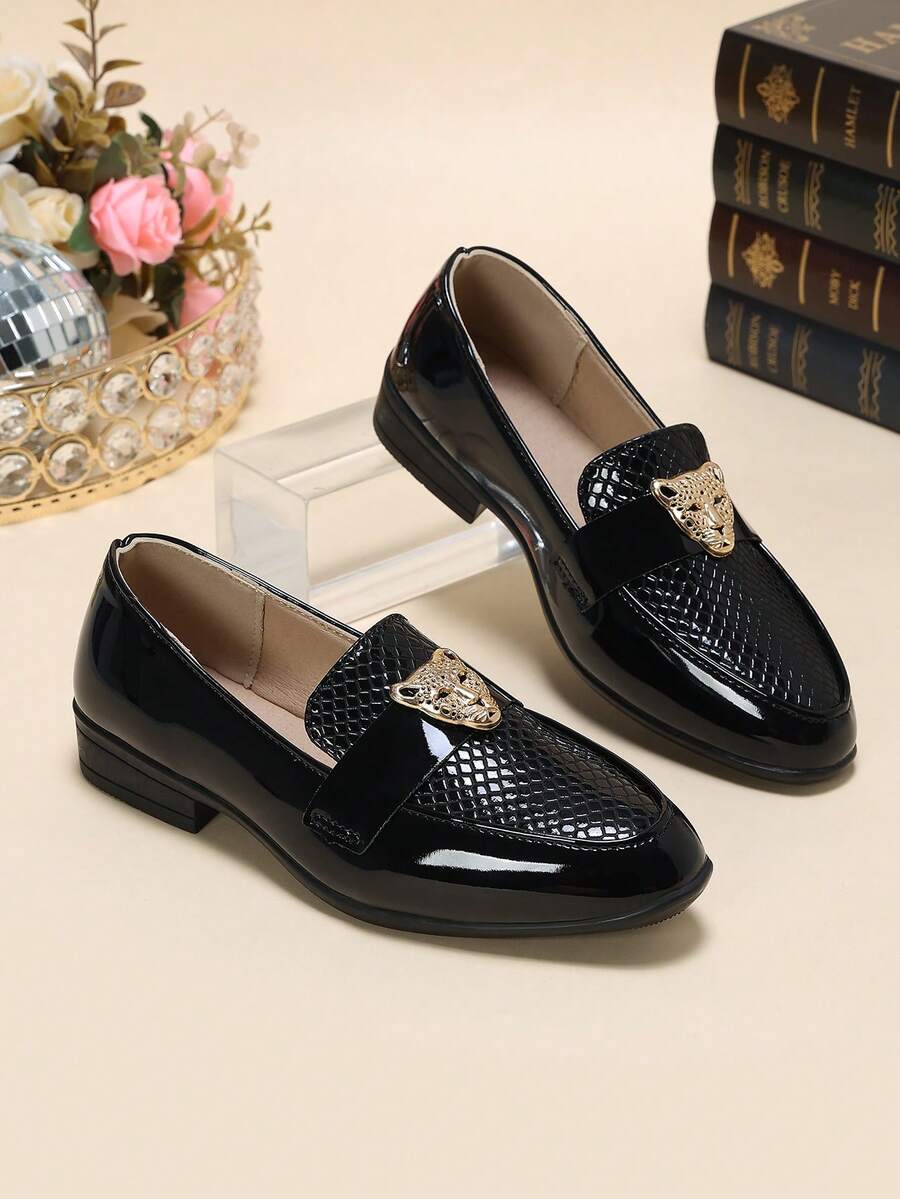 1 Pair New Boys' Leopard Head Decor Oxford Shoes, Fashionable Versatile British Style Shiny Formal Shoes Suitable For All Seasons