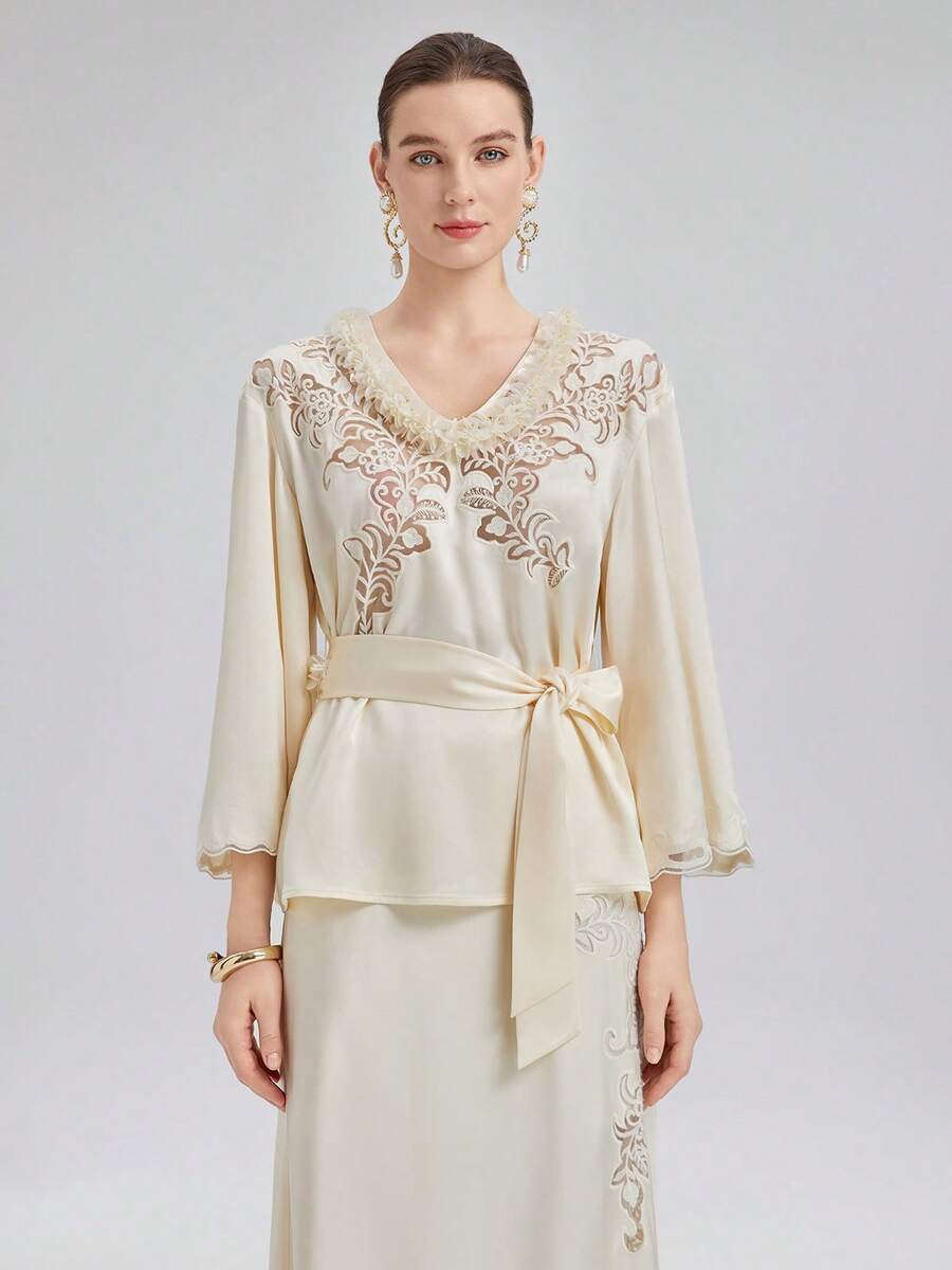 Rich Radi Q's Women's V-Neck Beige Hollow Embroidery T-Shirt, Ruffle ...