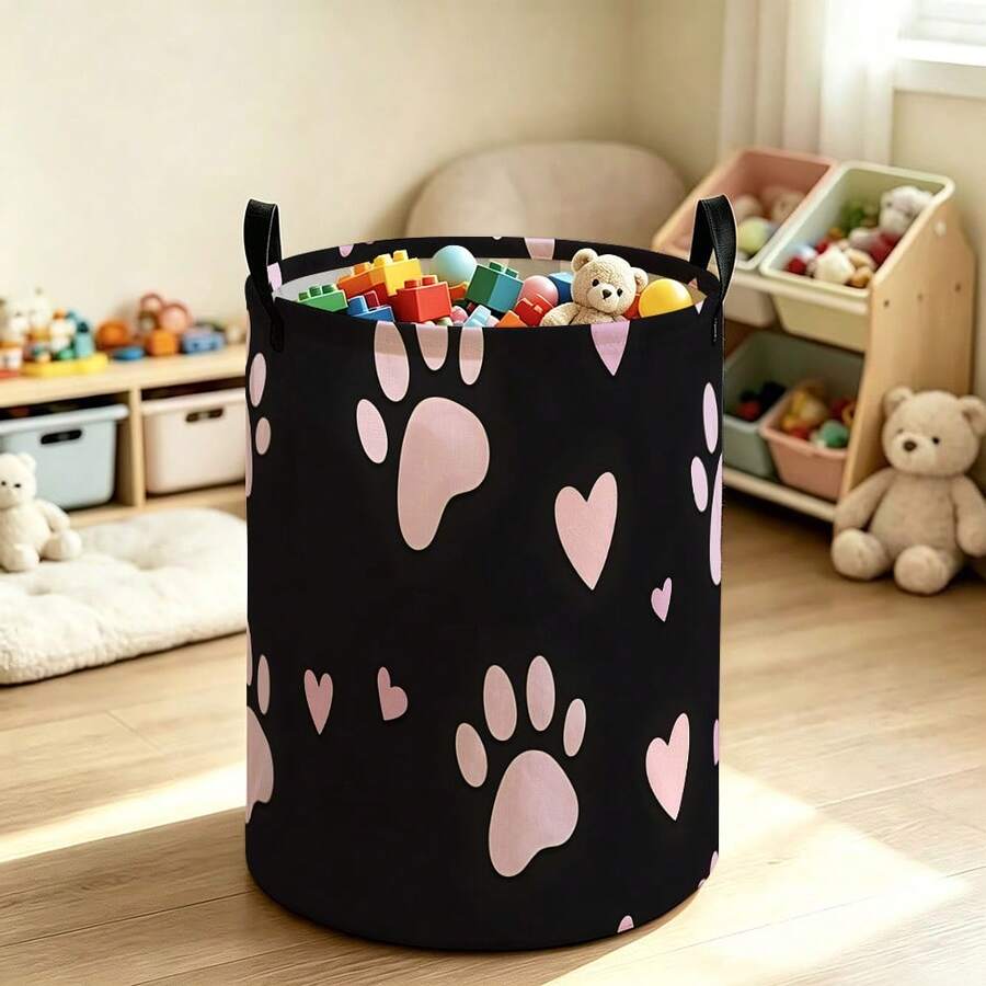 Black Background Storage Bucket With Pink Puppy Paw And Heart Patterns, Foldable Laundry Basket With Handle, A Storage Basket For Toys And Dirty Clothes For Pet Lovers' Bedrooms - Black - View 1