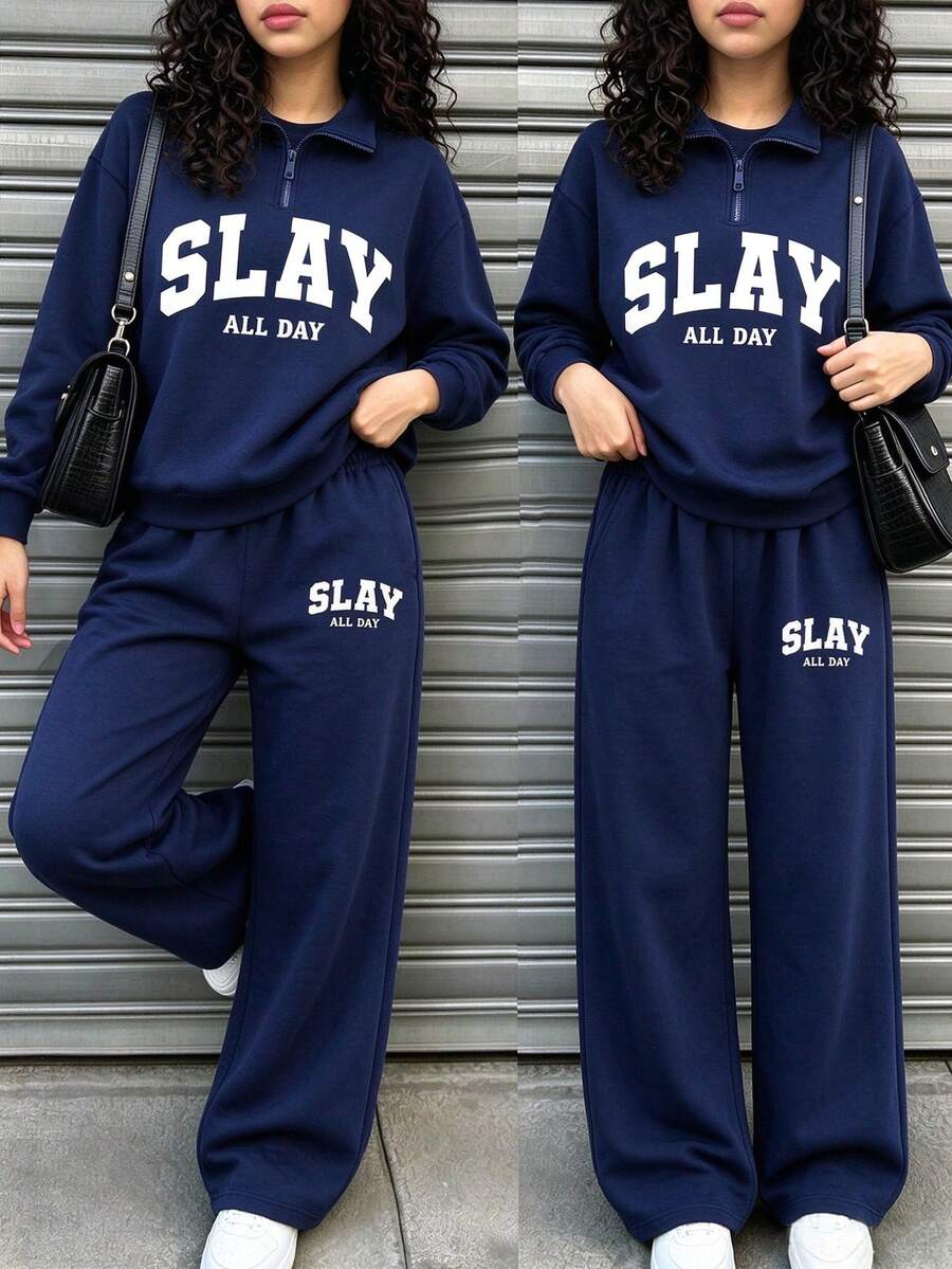 Teen GirlCasual Letter Print Half-Zip Sweatshirt And Wide Leg Pants 2-Piece Set, Autumn Winter Outfit, Campus Style, Homecoming Outfit - Navy Blue - View 1