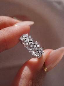 1pc Rhinestone Flower Ring, Embellished With Diamonds, Suitable For Women And Girls, Can Be Used As Wedding Ring, Promise Ring, Eternity Ring - Full Of Diamond Flowers - View 3