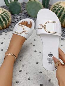 White Metal D-Ring Slide Sandals, Minimalist Wide Strap, Casual Outdoor Women's Flat Slippers, Lightweight Beach Vacation Flat Slippers - White - View 7