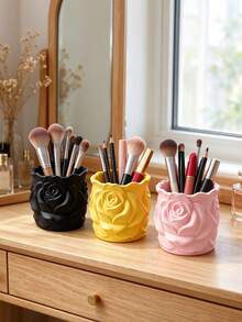3D Printed 3D Rose Relief Pen Holder, Full Circle Surrounded By Plump Rose Flower Design, Matte Texture, Large Capacity Storage For Various Pens, Minimalist Elegant Decoration For Office Desk - Multicolor - View 9