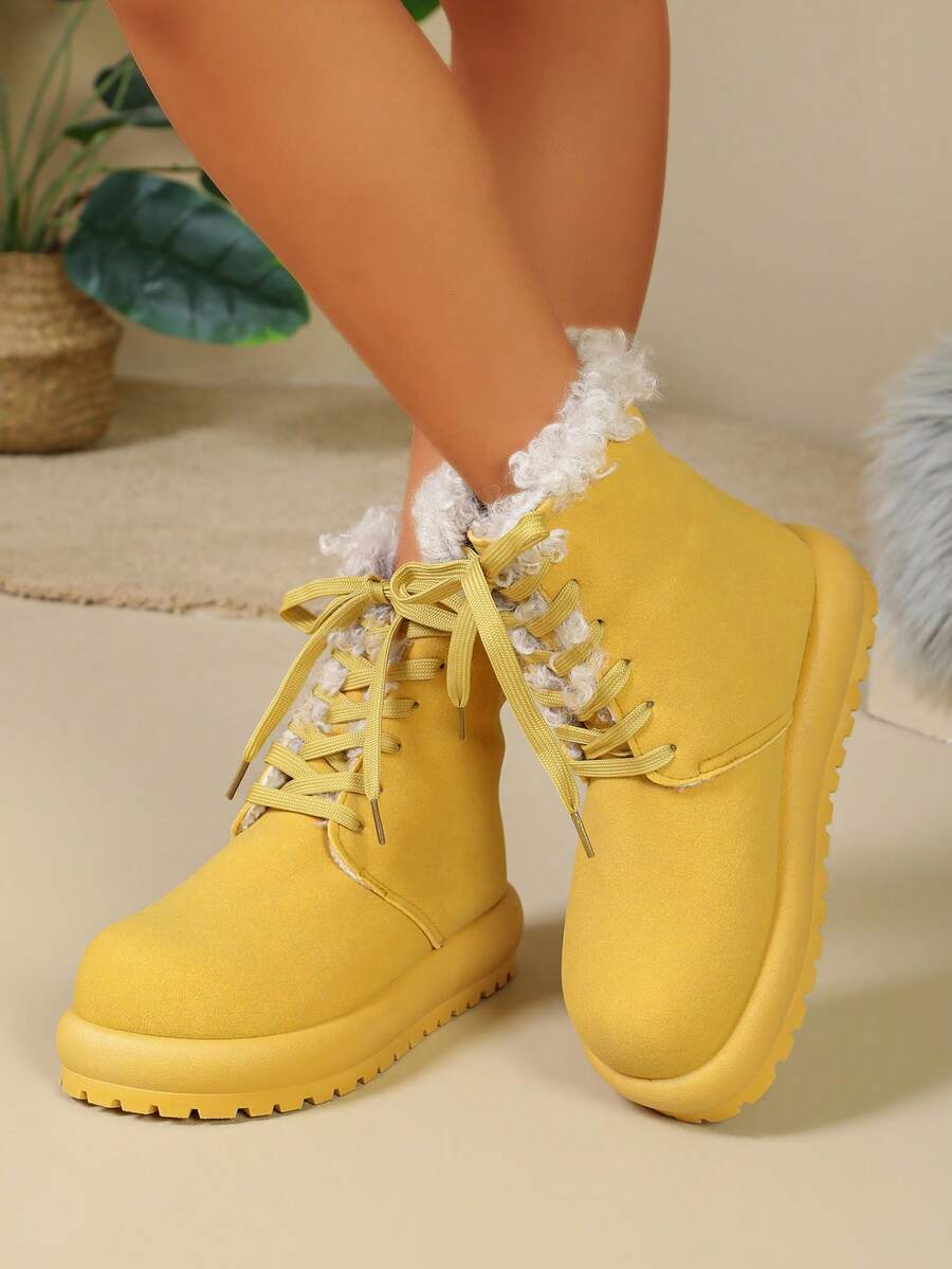 Women Ankle Boots, Lace Up, Round Toe, Easy Wear, Daily Comfort - Yellow - View 1