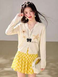 1pc Women's Korean Style Knitted Cardigan Jacket, Printed Pattern, Autumn Thin Layering Knit Top - Yellow - View 4