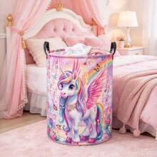 1PC Collapsible Fabric Storage Basket With Magical Winged Unicorn Rainbow Castle Butterfly Floral Print, Multifunctional Organizer For Clothes, Sundries And Toys, Home Decor, Room Decor, Bedroom Decor - Pink - View 5