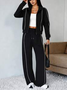 Women's Spring/Autumn New Long Sleeve Zip-Up Jacket, Lapel Design, Color Block Striped Trim, Casual 2-Piece Sports Set, Elegant Black - Black - View 5