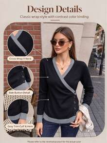 Plus Size Women Fall Winter Wrap V Neck Color Block Button Knit Sweater, Slim Fit Long Sleeve Pullover For Commute Date Daily Outing - Black - View 6