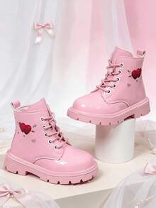 1 Pair White Student Boots, Mirror PU + Double Heart Decor, Round Toe Elastic Soft Sole Inner Zipper Design, Cute Fashion Fairy Style Ankle Boots, Suitable For Daily Campus Festivals, Autumn/Winter New - Pink - View 5