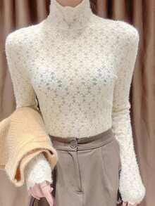 Women's New Autumn/Winter Brushed Lace Layering Base Top, High-End Semi-High Neck Blouse - Apricot - View 2