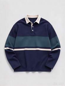 Men's American Vintage Navy Blue Colorblock Long Sleeve Rugby Polo Shirt, Cream Collar Colorblock Patchwork Loose Casual Top - Navy Blue - View 3