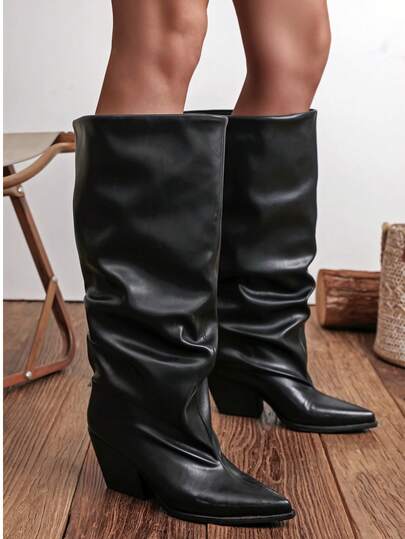 wellspring Botas femininas de cano alto até ao joelho com biqueira pontiaguda, em pele sintética, salto bloco grosso, slip-on, franzidas, estilo western, moda de outono/inverno