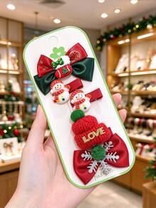 5pcs/Pack New Christmas Bow Hair Clips, Fully Covered Fabric Hair Clips, Deer & Snowflake Alligator Hair Clip Set, Christmas Essential - Multicolor - View 10