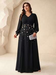 Pearl Flower Beaded Elegant Chiffon Evening Gown Long Dress V-Neck Lantern Long Sleeve Ruched Chest High Waist A-Line Plus Size Formal Party Wedding Guest All Season Dress - Black - View 3