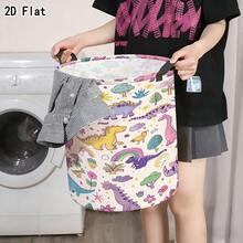 Cream-Colored Cartoon Dinosaur Rainbow Floral Print Storage Bucket, Foldable Laundry Basket With Handle, For Room Toys And Dirty Clothes Storage - Multicolor - View 4