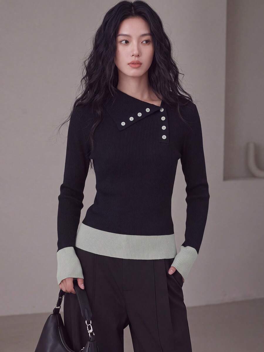 Women's Autumn/Winter New Casual Asymmetric Collar Contrast Color Design Slim Fit Knit Pullover Black - Black - View 1