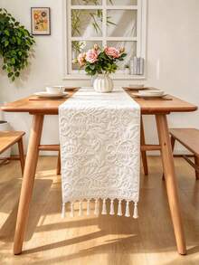 1 pieza Elegante camino de mesa de comedor de doble capa bordado, con flecos hechos a mano, bordado de un solo lado, multiusos para mesa de comedor, decoración de aparador - Base beige con bordado blanco - Ver 6